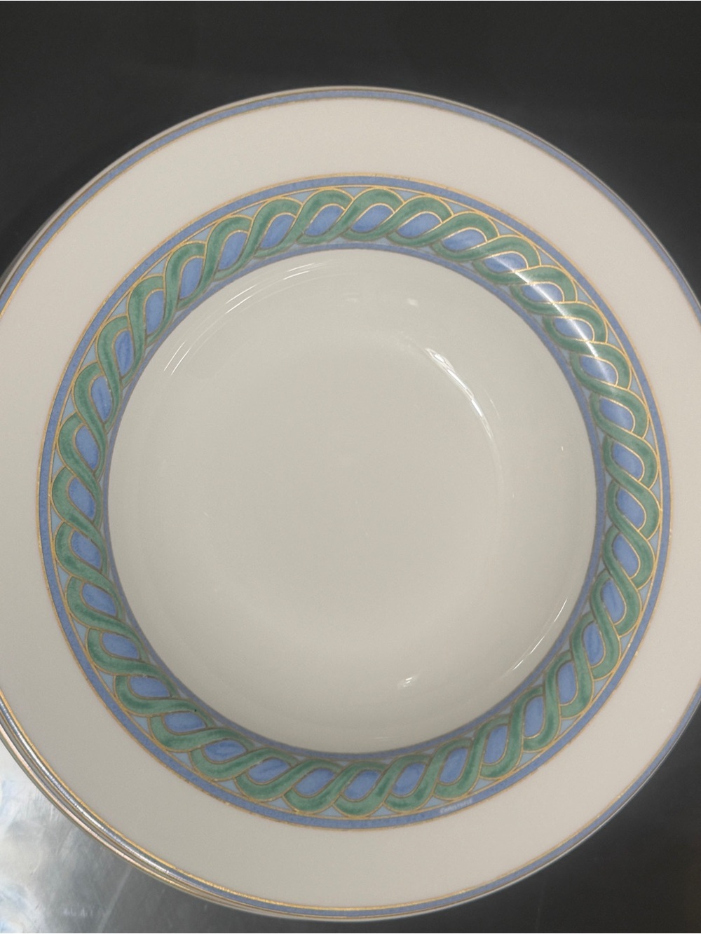 Christofle 8 Porcelain Dinner Soup Bowls- Blue-Green Celtic Band /Gold Trim